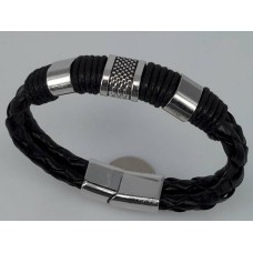 Lederen armband zwart, metalen accenten, insteeksluiting