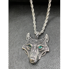 Zilverkleurige wolfkop met ketting en Zirconia groenen ogen
