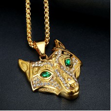 Goudkleurige wolfkop met ketting en Zirconia Goudkleurige wolfkop met ketting en Zirconia