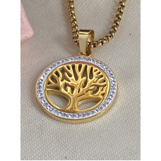 Hanger Levensboom met zirkonia rand ( Tree of Life ) goudkleurige (25 mm)